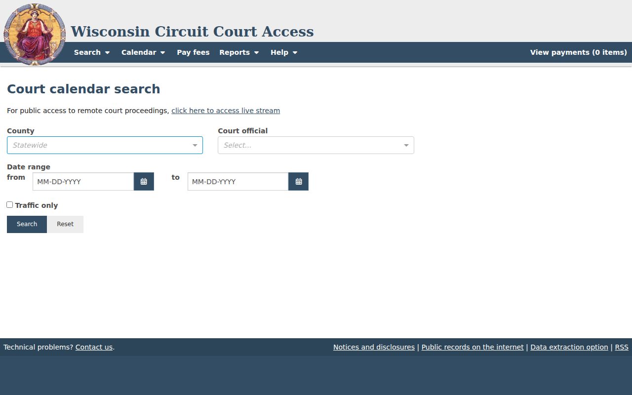 Calumet County court calendar fields in WCCA
