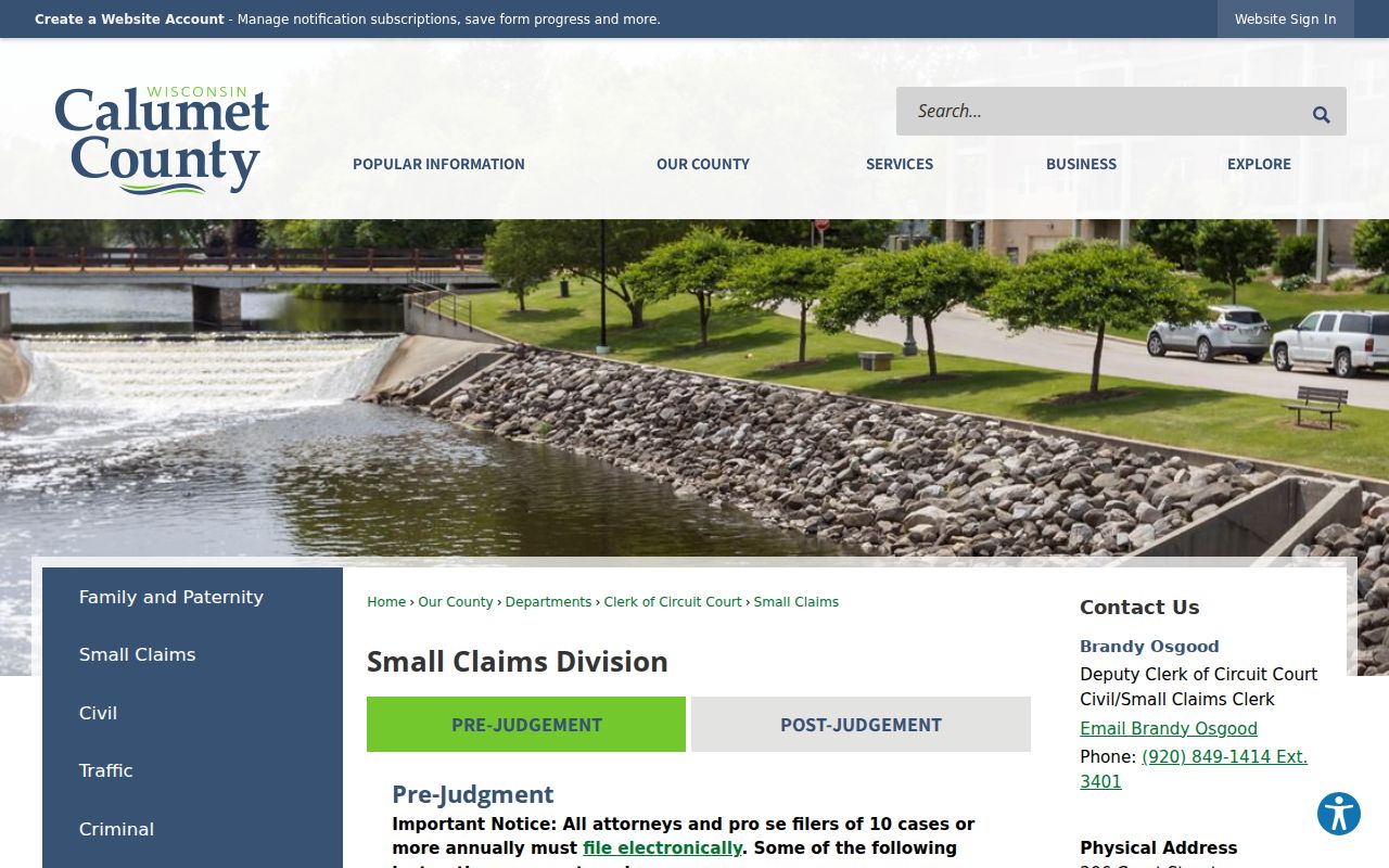 Calumet County civil docket small claims instructions