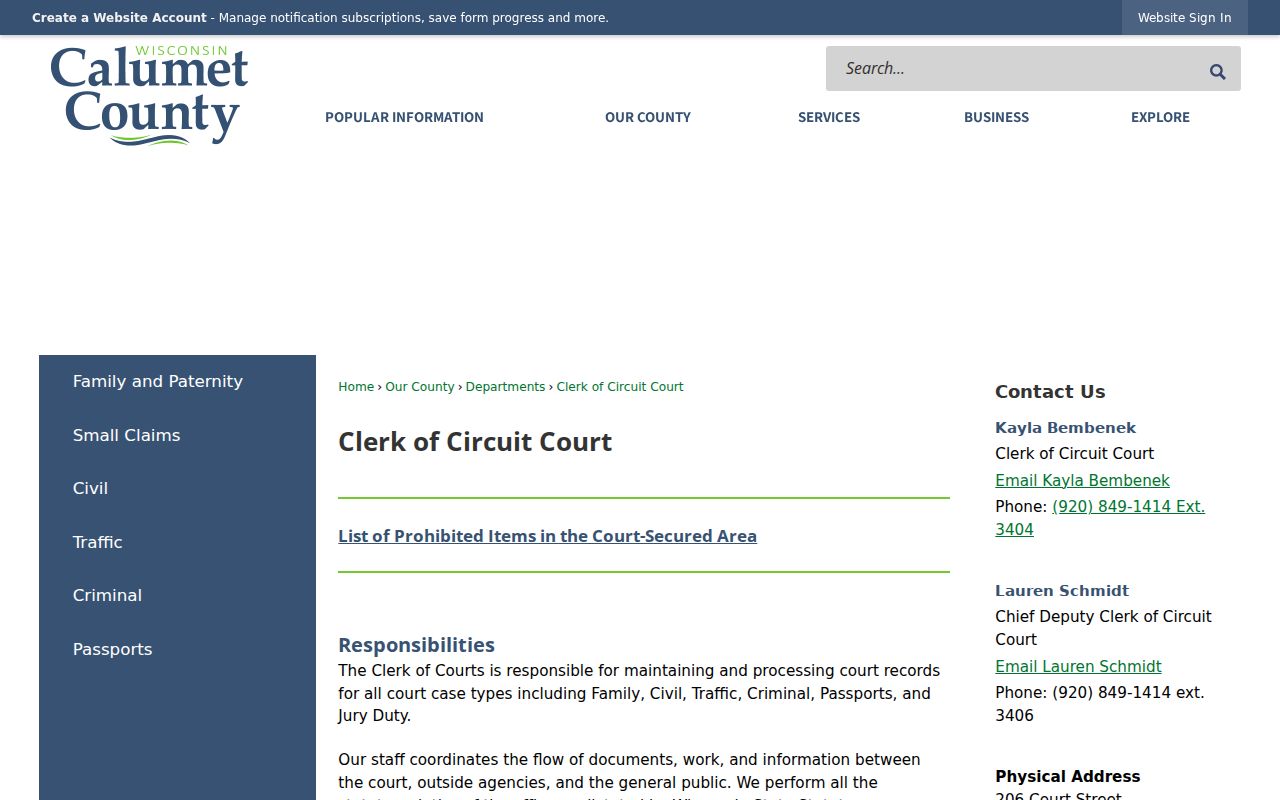 Calumet County court docket clerk responsibilities and public links